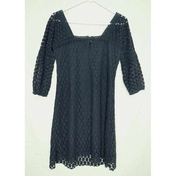 Solitaire by Ravi Khosla Black Lace Midi Dress Crochet 3/4 Sleeves Lined Small - Picture 5 of 10